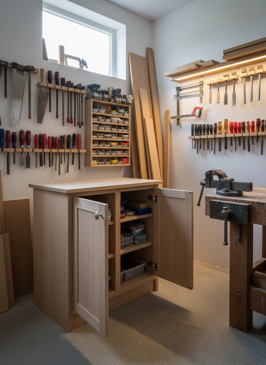 A compact, well-organized woodworking workshop with a custom-built ash wood cabinet in the center, its freshly sanded doors slightly open to reveal neatly aligned shelves. The cabinet features precise joinery, clean lines, and brushed metal handles. Surrounding it are tidy racks of tools, stacked planks of beech and oak, and a sturdy workbench with a metal vise. Overhead, cool daylight streams through a high workshop window, mixing with warm task lighting above the bench, casting clear, directional shadows and highlighting fine sawdust on the floor. Photographic realism, wide-angle shot capturing the full workspace, with the cabinet in the foreground and the workshop receding into the background. The atmosphere is industrious, professional, and trustworthy, suggesting careful custom work and everyday repair capability.