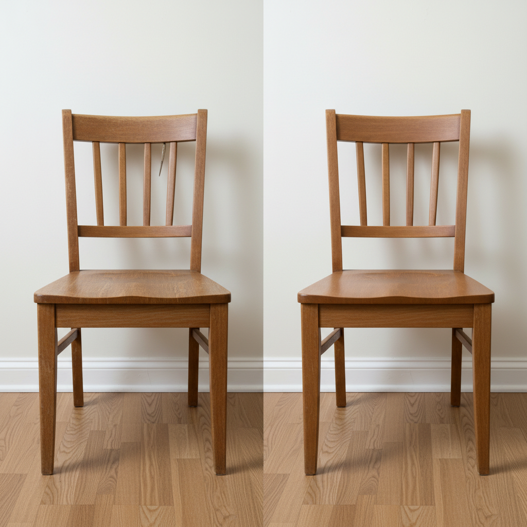 A split-scene photographic image of a wooden kitchen chair before and after repair. On the left, the chair appears worn and slightly wobbly, with scratched, dull varnish and a loose spindle. On the right, the same chair is fully restored with a smooth, satin finish, tightened joints, and subtly refreshed color that preserves the original character. The chair stands on the same light oak floor against a simple off-white wall to emphasize the transformation. Soft, diffused overcast daylight from the side creates even lighting, minimizing harsh shadows and clearly revealing surface details. Shot from a straight-on, eye-level perspective with moderate depth of field, both versions in sharp focus. The mood is reassuring and professional, highlighting reliable everyday repair services.