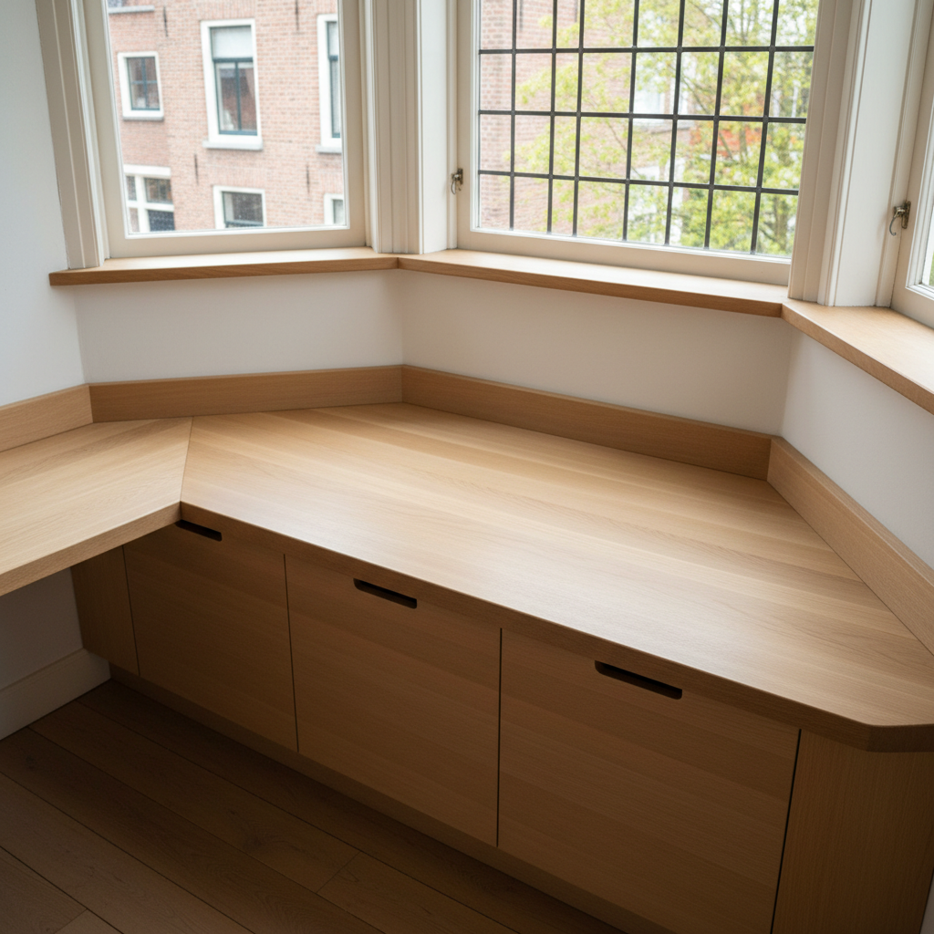 A solid beech worktop and built-in bench custom-fitted into a small Groningen bay window nook, perfectly following the irregular angles of the old house. The pale beech surface has a smooth, oiled finish with rounded front edges and carefully scribed joints against the white plaster wall. Below the bench, integrated storage compartments with simple cut-out pulls show precise, professional carpentry. Through the window, a soft-focus hint of Groningen’s brick facades and green trees appears. Gentle, natural daylight floods the nook, casting soft shadows under the bench and subtle highlights along the grain. Photographic realism, shot from a slightly elevated corner angle that captures both the seating and window. The mood is cozy, practical, and tailored, emphasizing intelligent custom solutions for everyday living spaces.