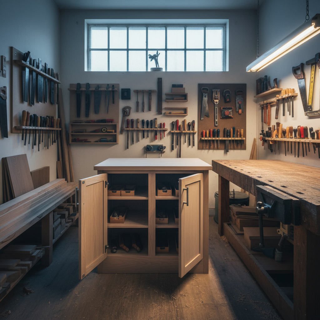 A compact, well-organized woodworking workshop with a custom-built ash wood cabinet in the center, its freshly sanded doors slightly open to reveal neatly aligned shelves. The cabinet features precise joinery, clean lines, and brushed metal handles. Surrounding it are tidy racks of tools, stacked planks of beech and oak, and a sturdy workbench with a metal vise. Overhead, cool daylight streams through a high workshop window, mixing with warm task lighting above the bench, casting clear, directional shadows and highlighting fine sawdust on the floor. Photographic realism, wide-angle shot capturing the full workspace, with the cabinet in the foreground and the workshop receding into the background. The atmosphere is industrious, professional, and trustworthy, suggesting careful custom work and everyday repair capability.